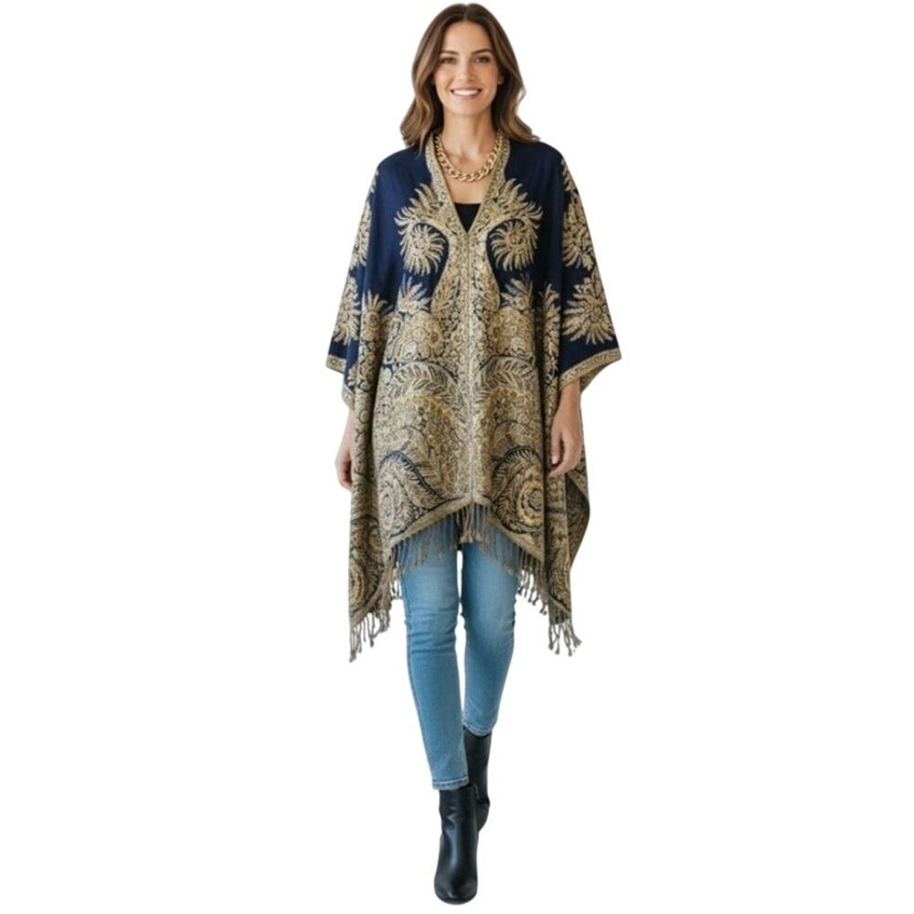 PONCHO Pashmina Exotic Pattern Sz L Royal Blue Gold Mediterranean Oversized New